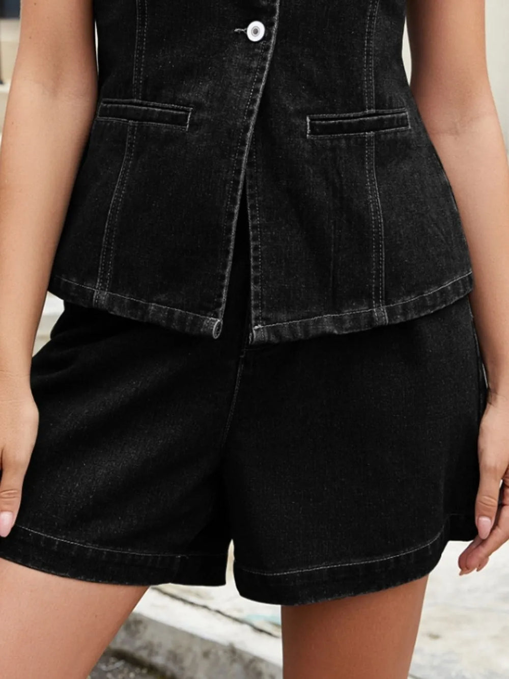 Button Down Vest and Shorts Denim Set