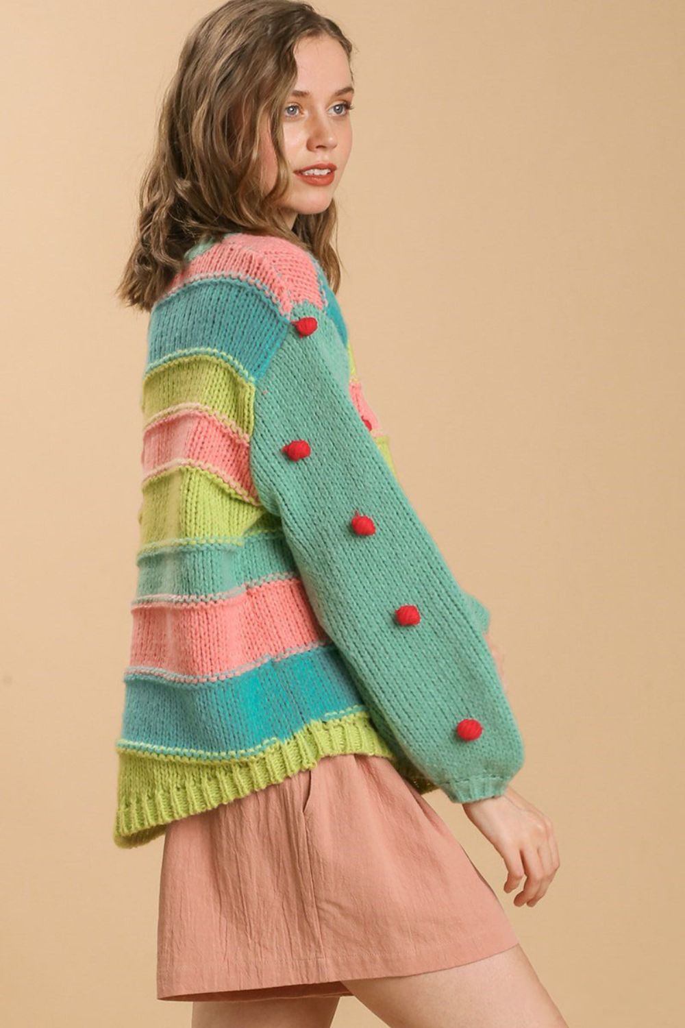 Umgee Full Size Color Block Cable Knit Sweater with Pom Pom Plus Size - felvior