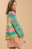 Umgee Full Size Color Block Cable Knit Sweater with Pom Pom Plus Size - felvior