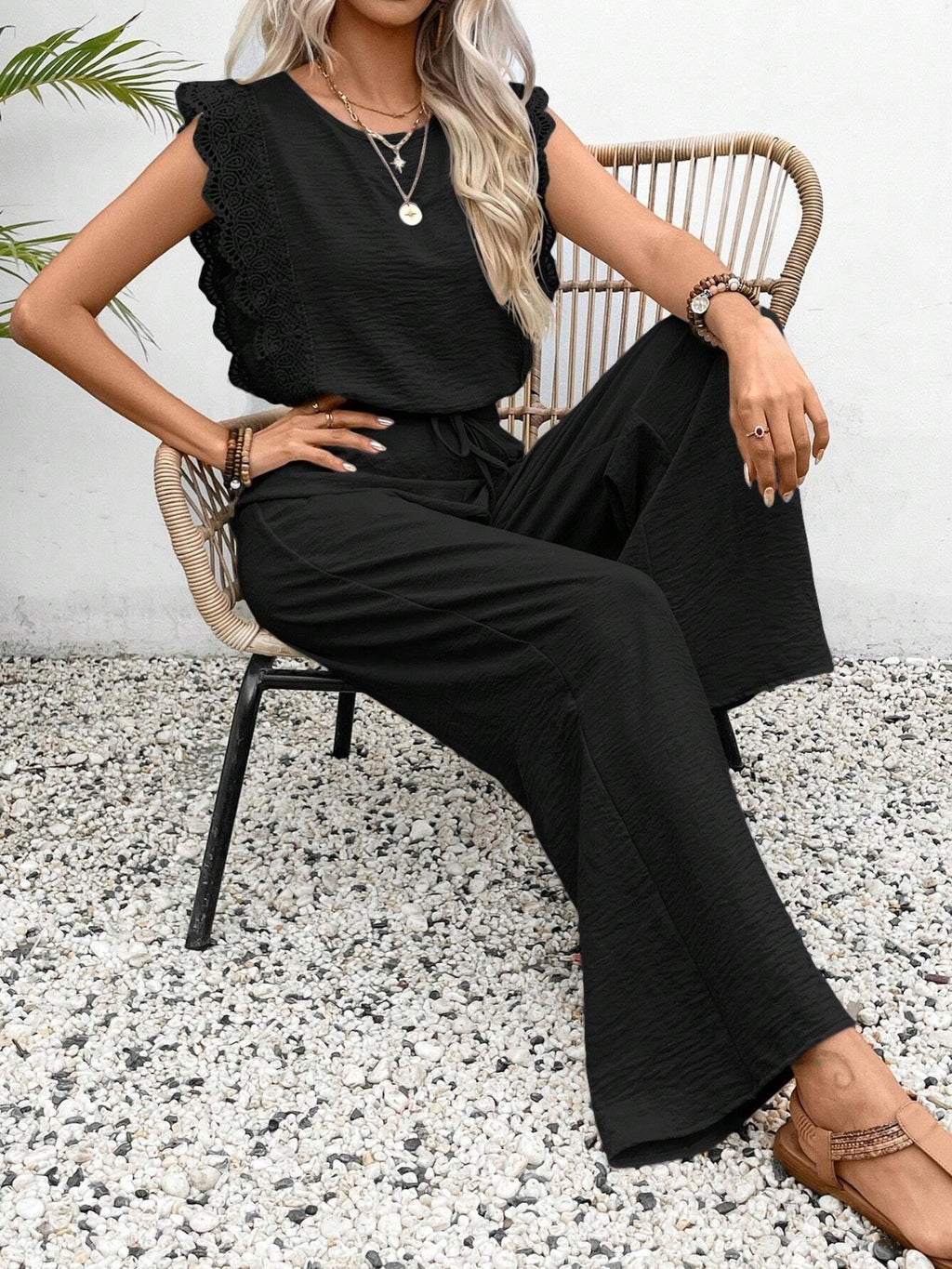 Lace Trim Round Neck Top and Pants Set