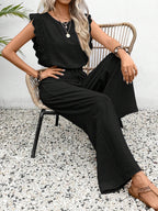 Lace Trim Round Neck Top and Pants Set