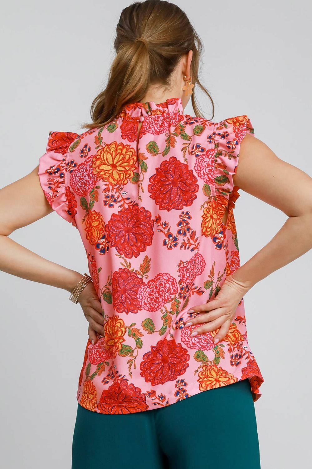 Umgee Full Size Floral Print Ruffled Cap Sleeve Blouse Plus Size