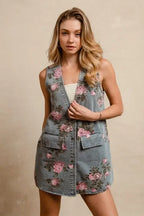 BiBi Floral Print Washed Denim Long Rider Vest