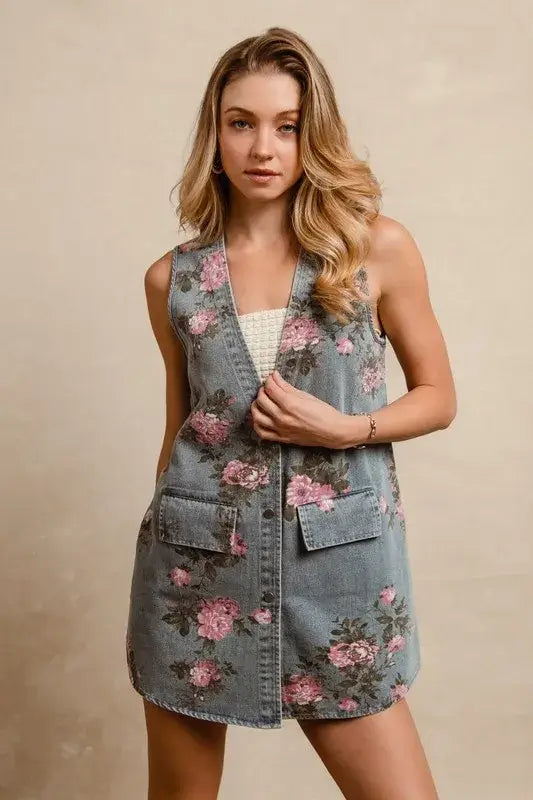 BiBi Floral Print Washed Denim Long Rider Vest