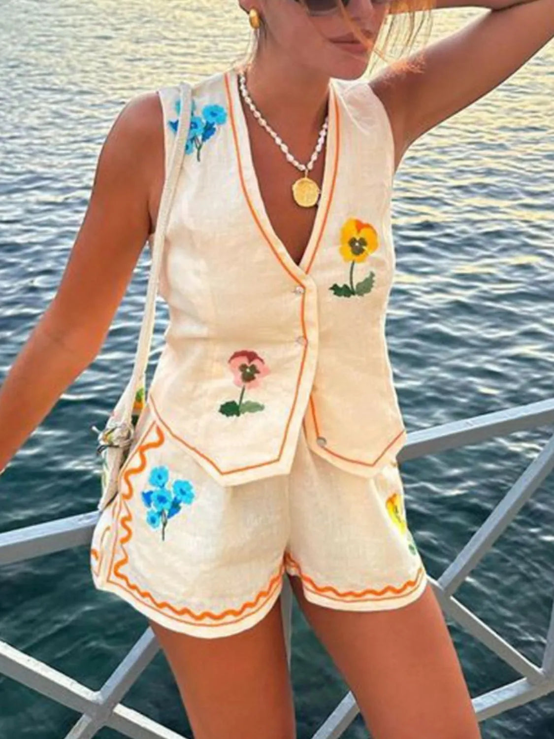 Embroidered V-Neck Vest and Shorts Set - felvior