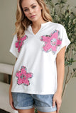 Floral Applique Notched Dolman Sleeve Top