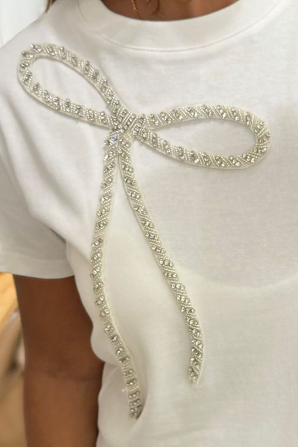 Rhinestone Bow Round Neck Short Sleeve T-Shirt