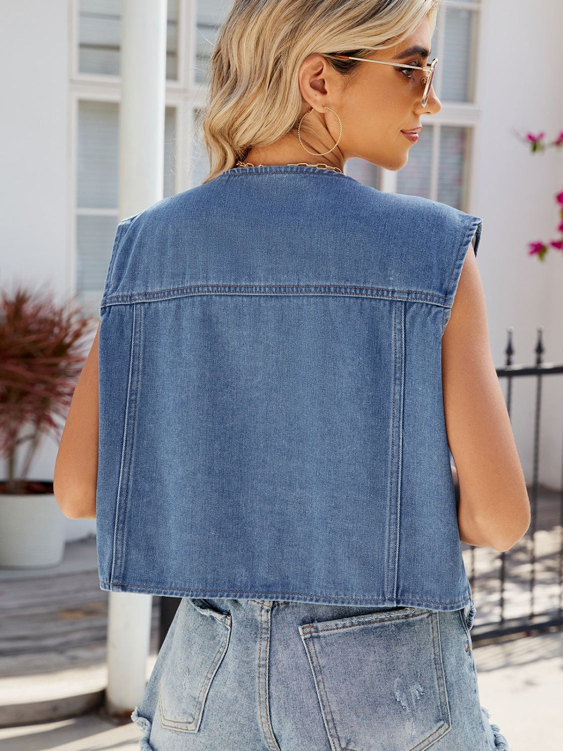 Pocketed Button Up Sleeveless Denim Jacket - felvior