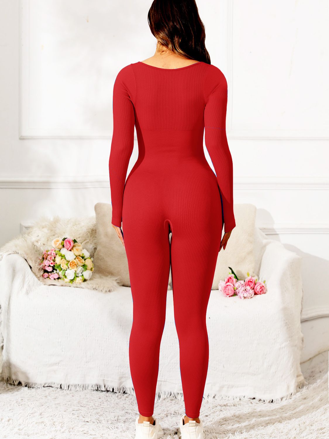 Scoop Neck Long Sleeve Active Jumpsuit - felvior