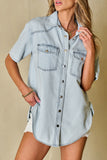 Slit Snap Down Short Sleeve Denim Top - felvior