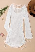 Hollow Out Bell Sleeve Drawstring Knit Cover Up Dress