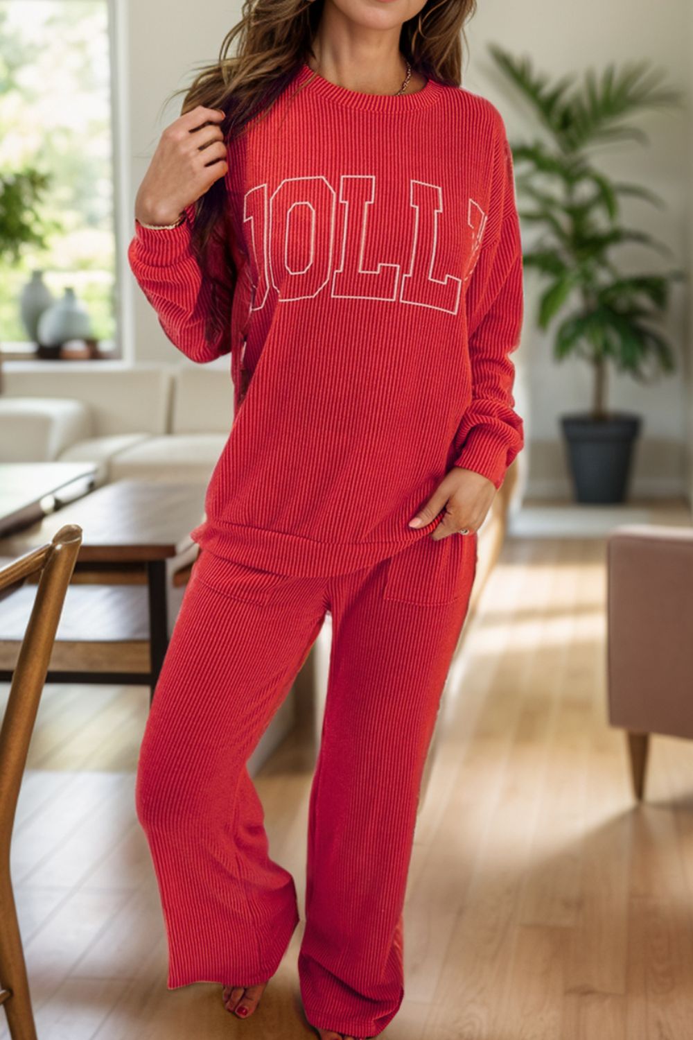 JOLLY Round Neck Long Sleeve Top and Pants Lounge Set Main image
