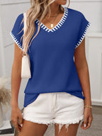 Contrast Trim V-Neck Short Sleeve Knit Top