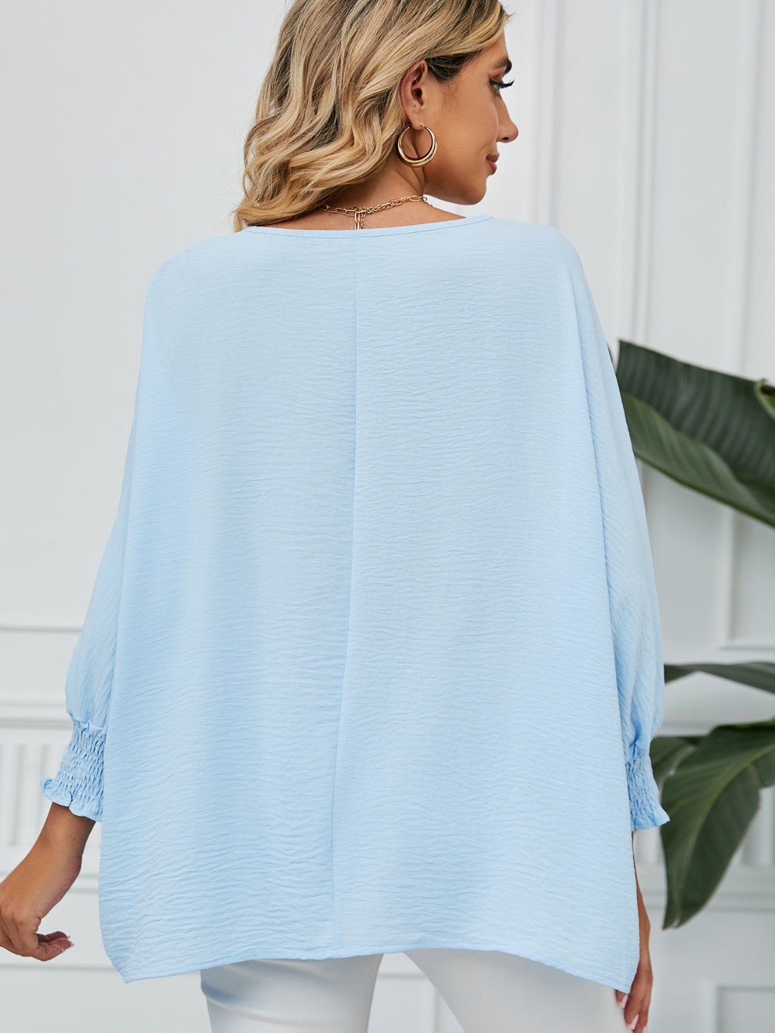 Smocked Lantern Sleeve Round Neck Blouse - felvior