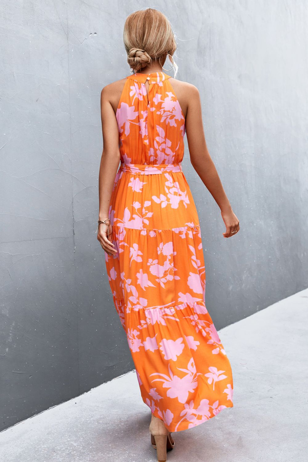 Printed Sleeveless Tie Waist Maxi Dress - felvior