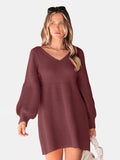 Perfee V-Neck Long Sleeve Sweater Dress - felvior