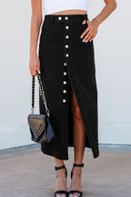 Button Fly Side Split Denim Midi Skirt
