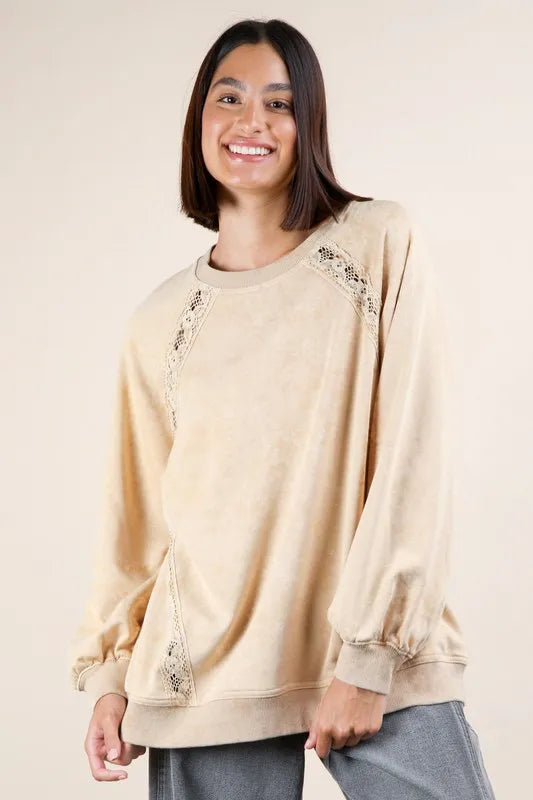 VERY J Plus Size Lace Trim Detail Mineral Washed Knit Top - felvior
