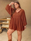 Plus Size Ruched Tie Neck Balloon Sleeve Romper