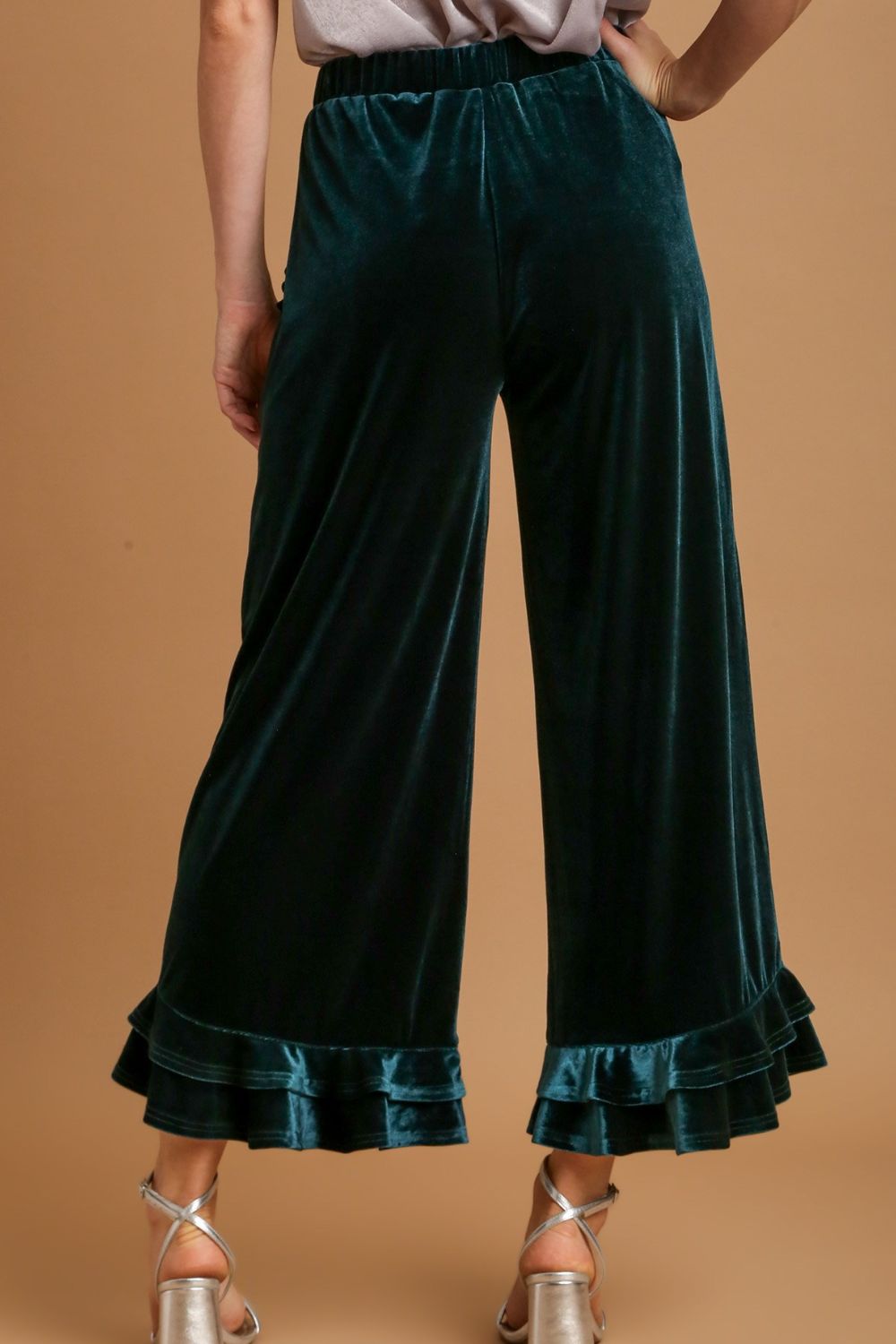 Umgee Full Size Wide Fit Ruffle Velvet Pants with Embroidered Pockets Plus Size - felvior