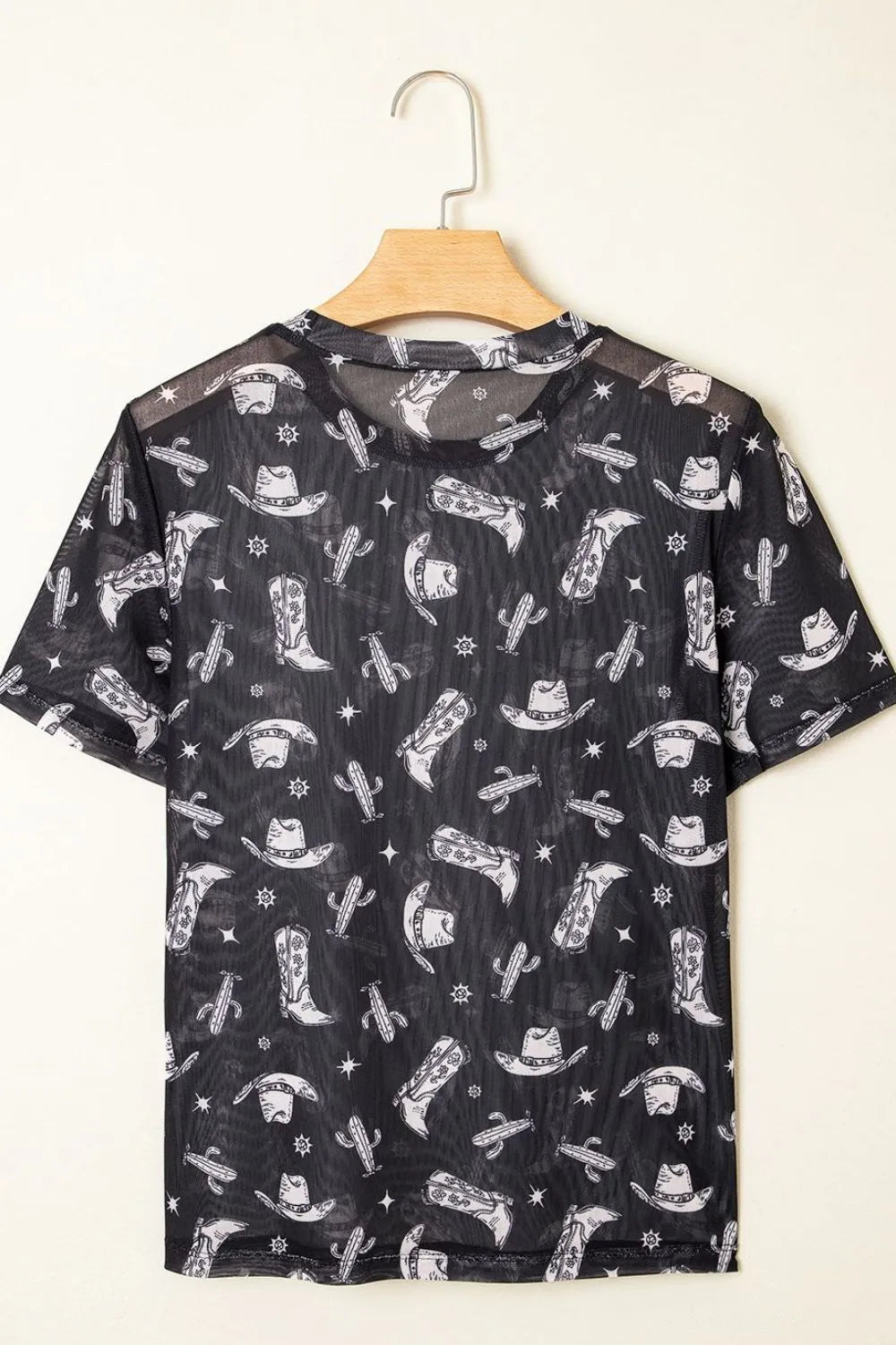 Western Pattern Mesh Sheer Crew Neck Top