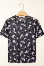 Western Pattern Mesh Sheer Crew Neck Top