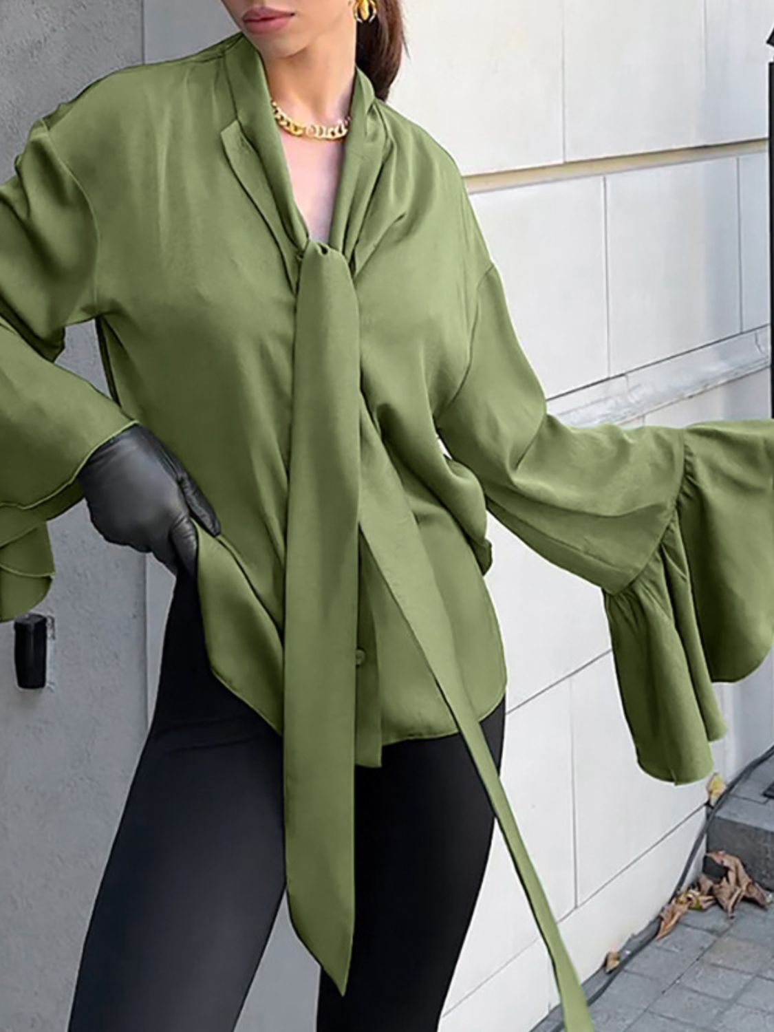 Button Down Flounce Sleeve Shirt - felvior