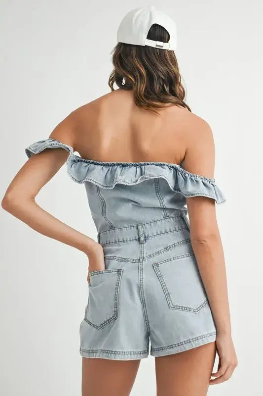 MABLE Off Shoulder Ruffle Detail Denim Romper