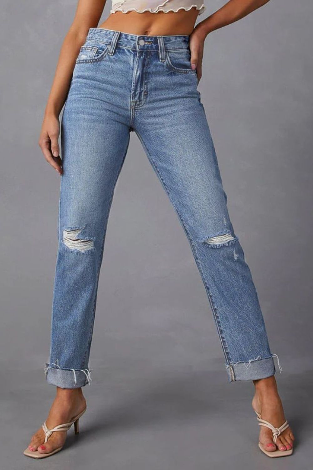 Distressed Straight Jeans mit offenem Saum und Taschen Zweitbild