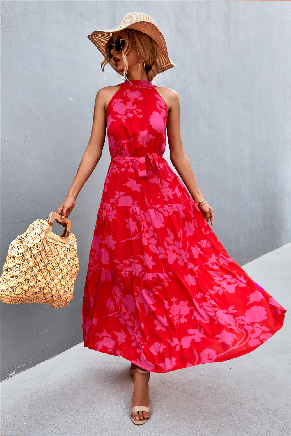 Printed Sleeveless Tie Waist Maxi Dress - felvior