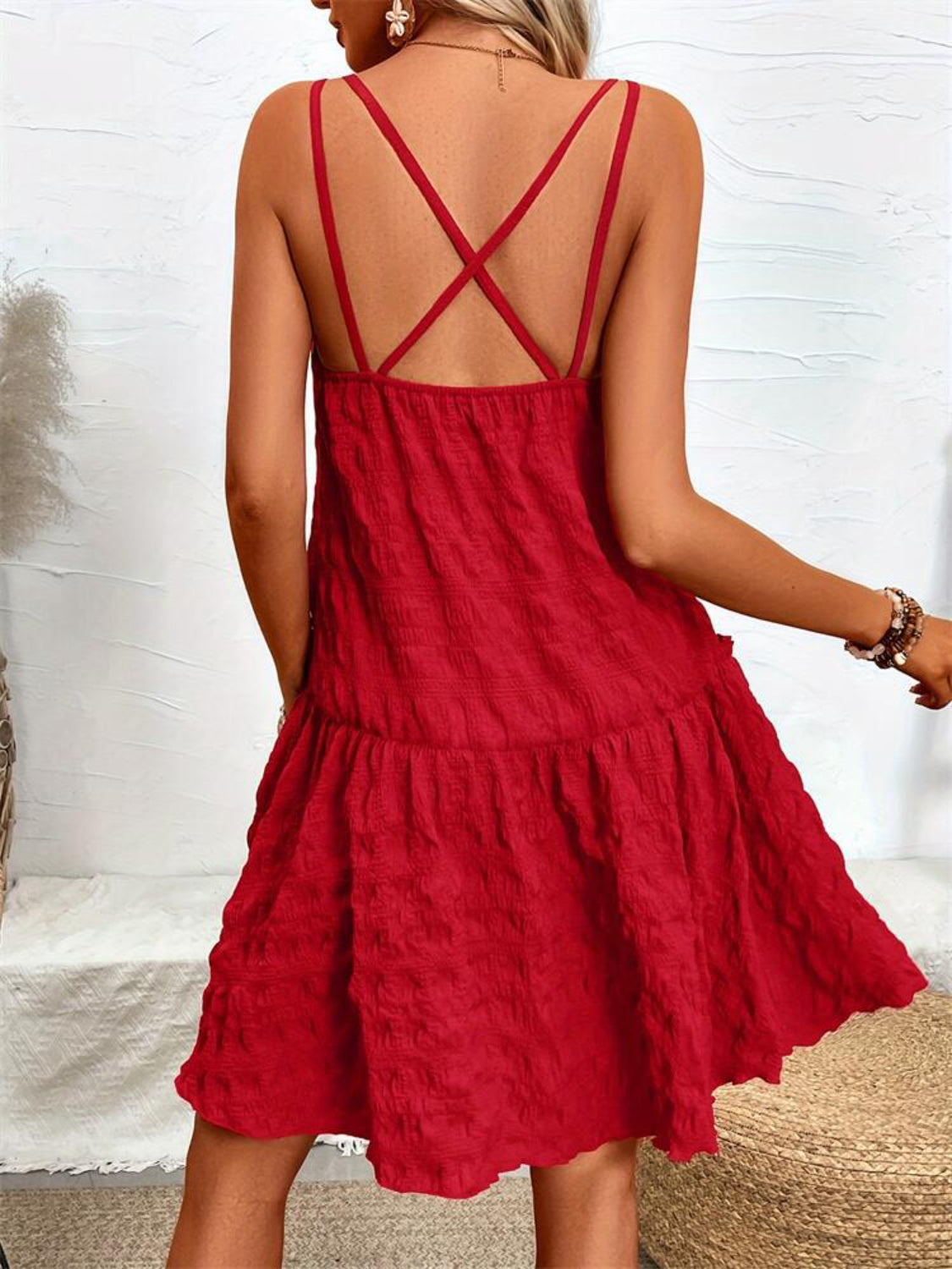 Crisscross Double Spaghetti Straps Tiered Cami Dress