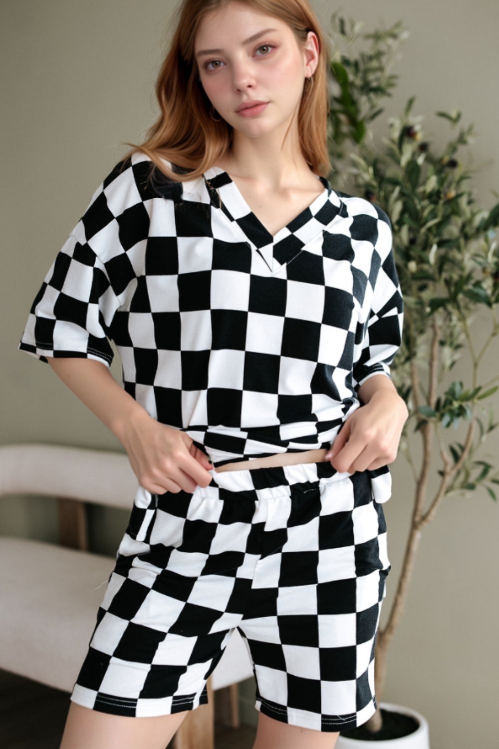Checkerboard V Neck Loose Tee and Shorts Set - felvior