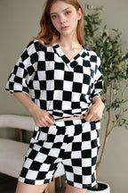 Checkerboard V Neck Loose Tee and Shorts Set