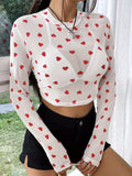 Heart Round Neck Long Sleeve Sheer Top - felvior