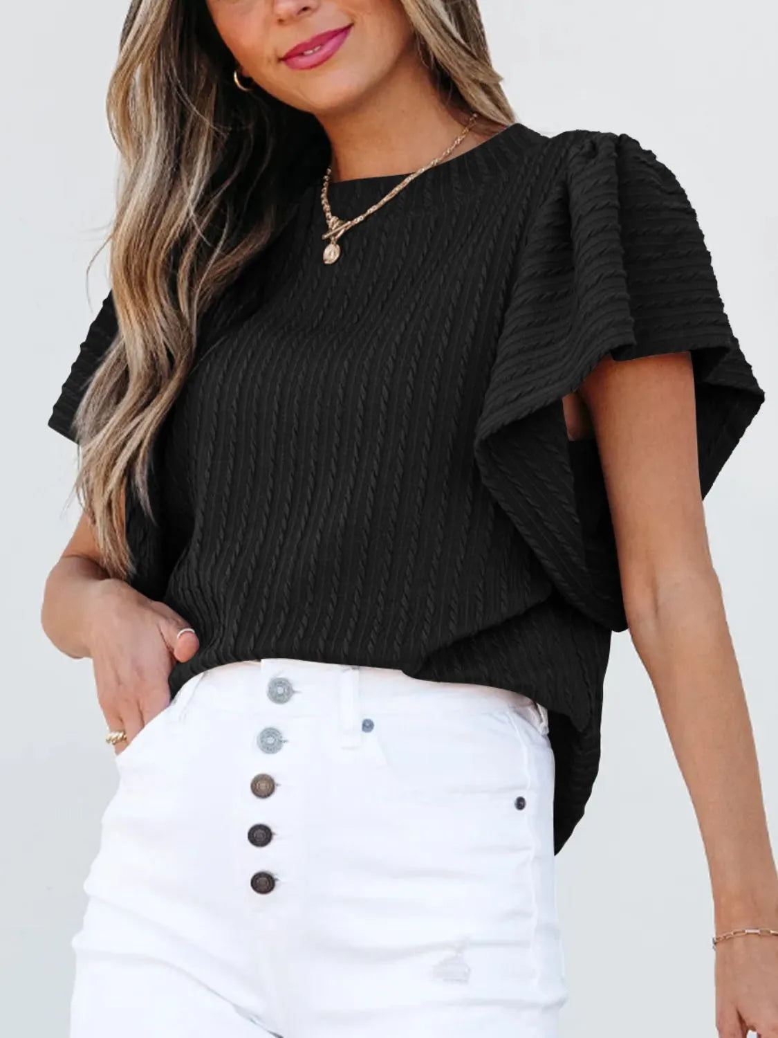 Round Neck Ruffle Sleeve Top