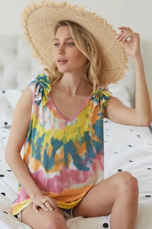 BiBi Circular Tie Dye Knit V Neck Top With Ruffle
