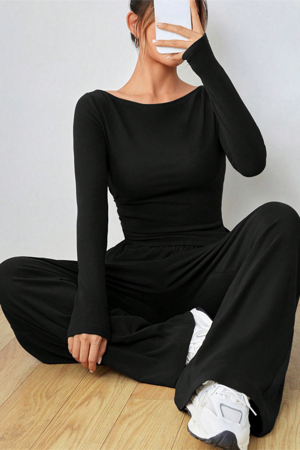 Boat Neck Long Sleeve Top and Pants Set - felvior