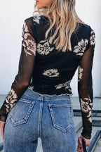 Floral Mesh Lettuce Edge Ruched Slim Long Sleeve Top