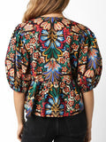 Tropical Print Puff Sleeve Knot Front Blouse - felvior