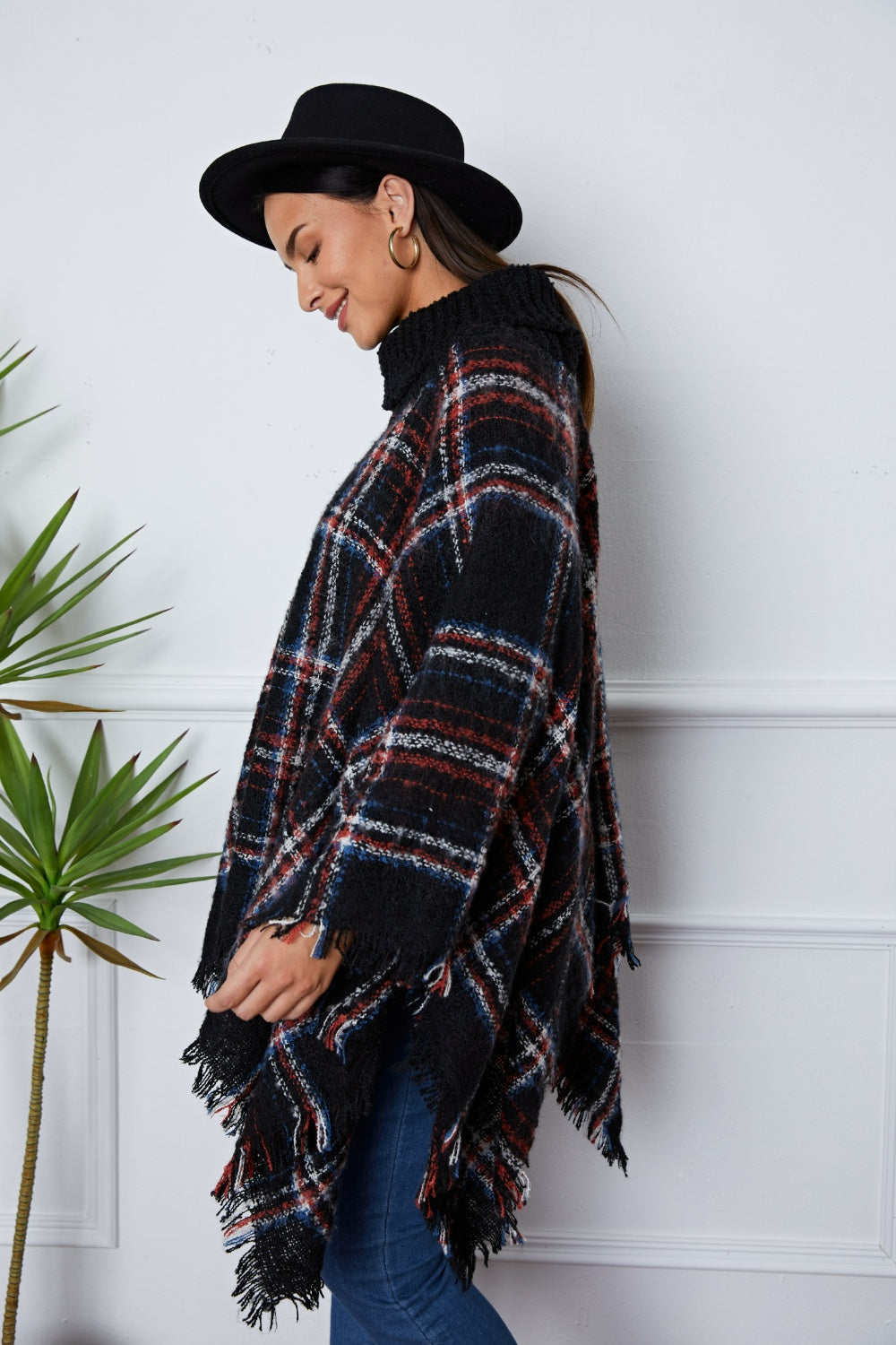 Shiny Turtleneck Plaid Raw Hem Sweater - felvior