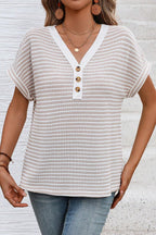 Stripe Buttoned Front V Neck T Shirt