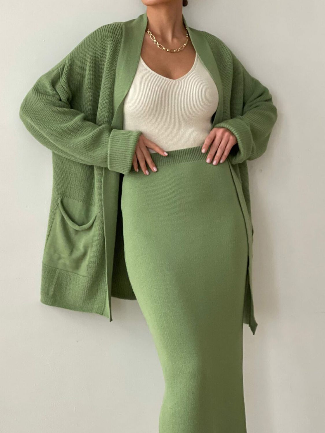 Pocketed Long Sleeve Cardigan and Skirt Sweater Set - felvior