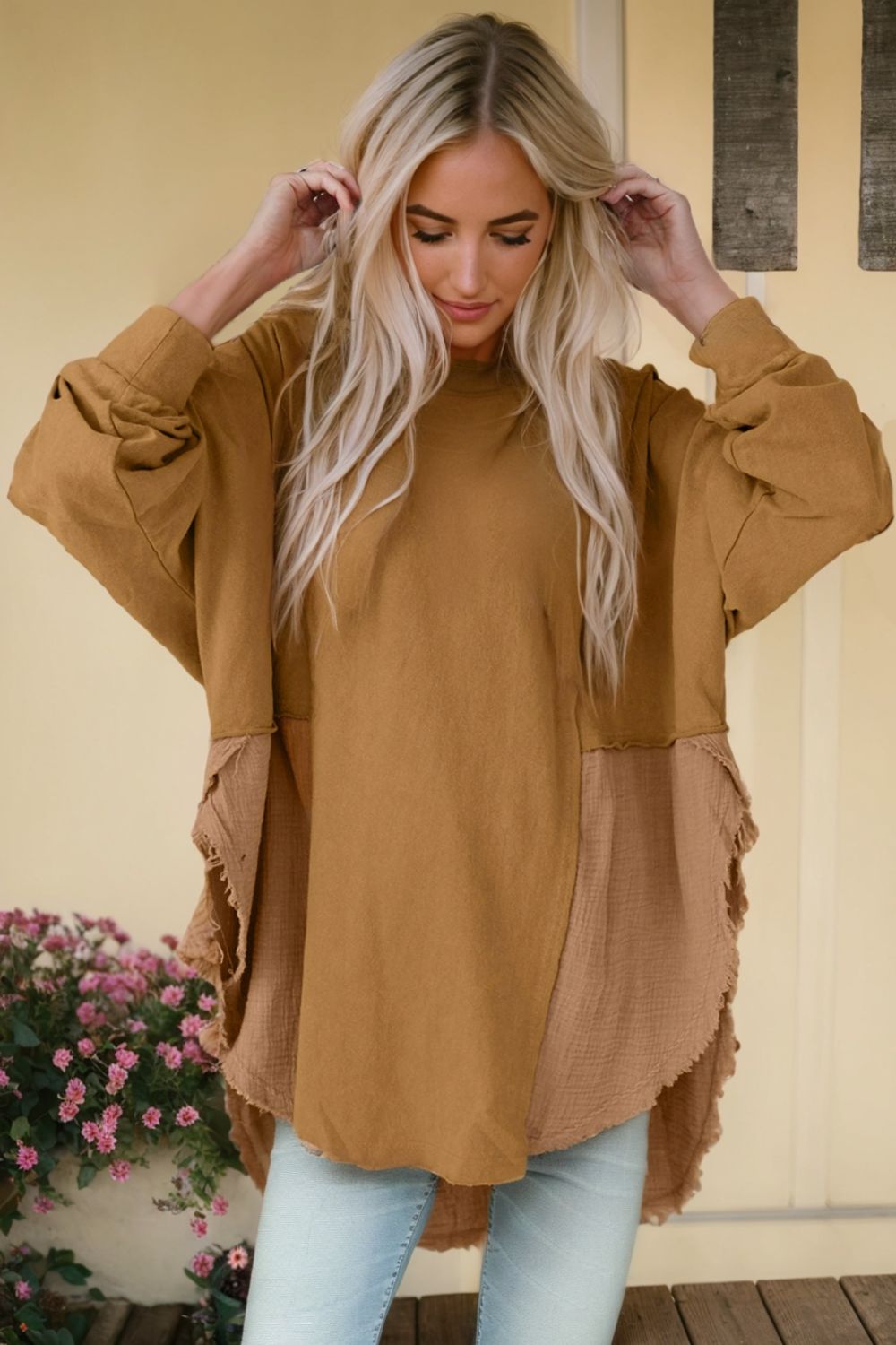 Contrast Texture Round Neck Long Sleeve Blouse - felvior