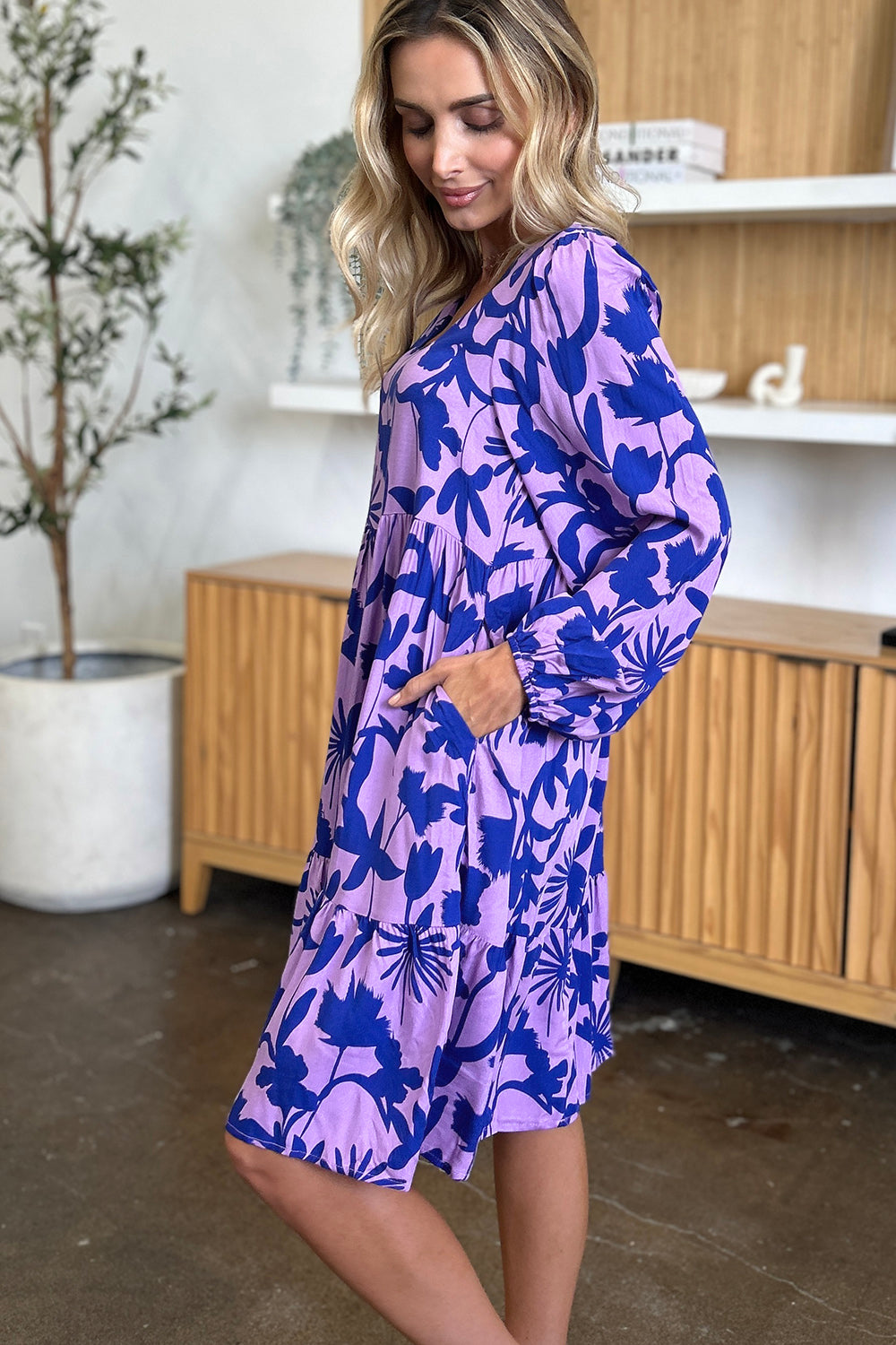 Double Take Full Size Printed Ruffle Hem Dress with Pocket - felvior