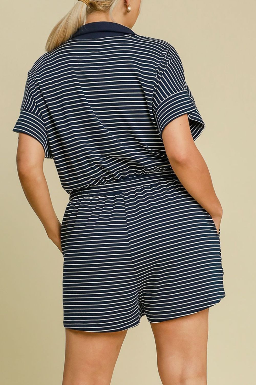 Umgee Full Size Half Zip Striped Romper Plus Size