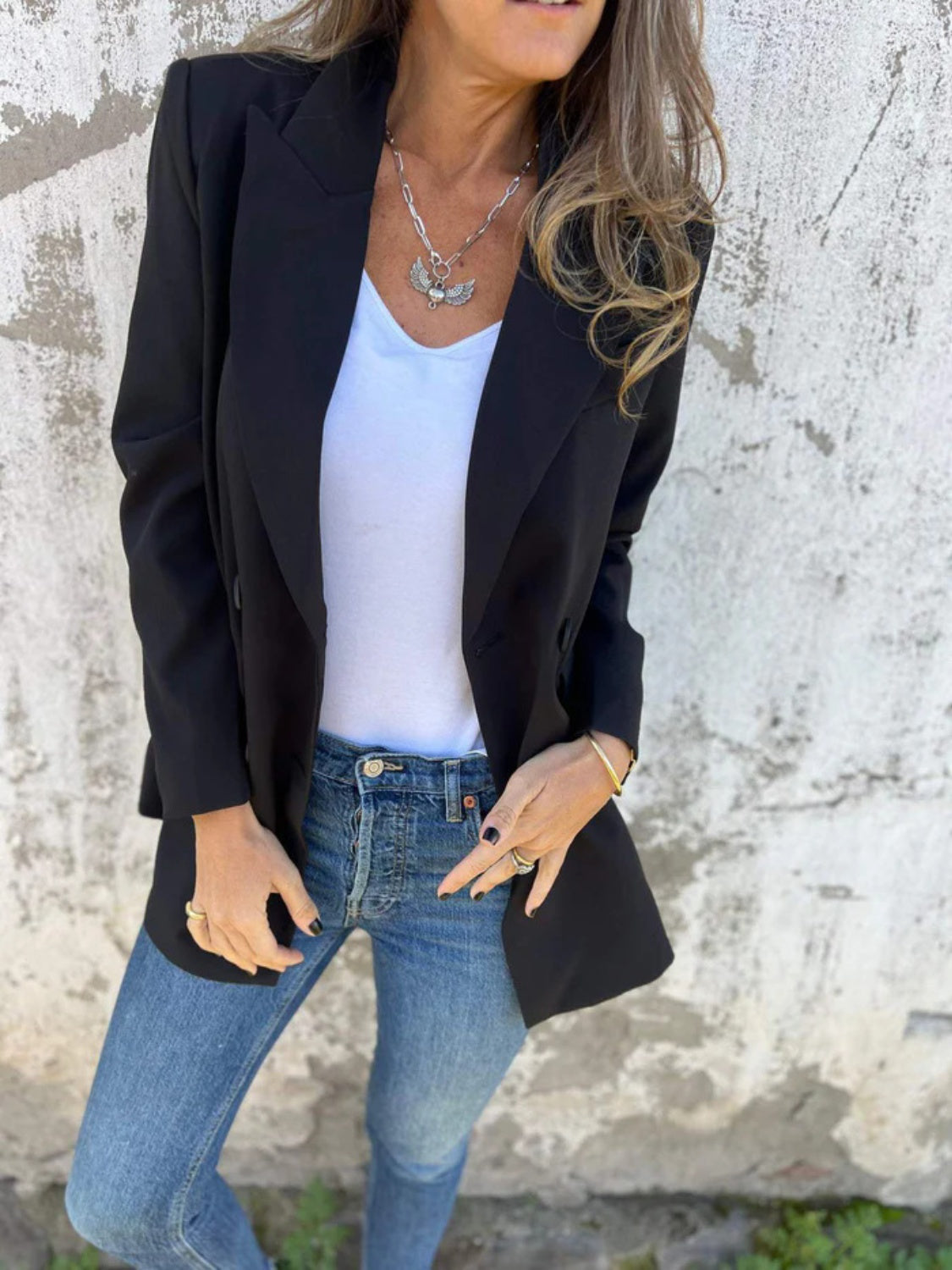 Full Size Collared Neck Long Sleeve Blazer - felvior