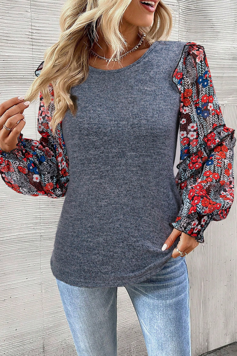 Heathered Floral Frill Lantern Sleeve Blouse - felvior