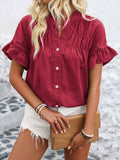 Button Down Ruffled Short Sleeve Shirt - felvior