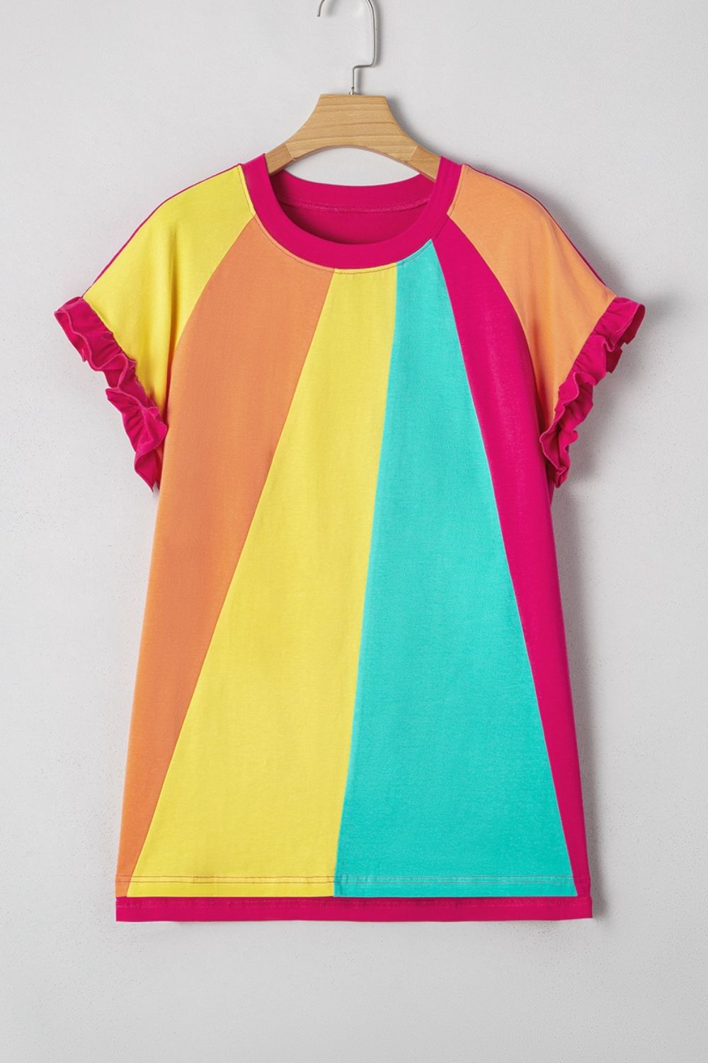 Frill Color Block Crew Neck Loose Fit T Shirt