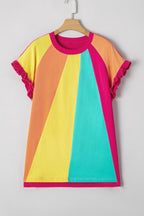 Frill Color Block Crew Neck Loose Fit T Shirt